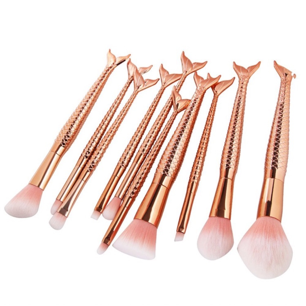 10 Piece Set Makeup Brushes Rose Gold Mermaid Tail - Picture 4 of 8