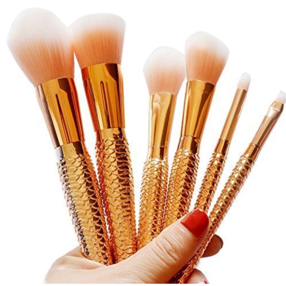 10 Piece Set Makeup Brushes Rose Gold Mermaid Tail - Picture 5 of 8