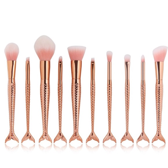 10 Piece Set Makeup Brushes Rose Gold Mermaid Tail - Picture 3 of 8