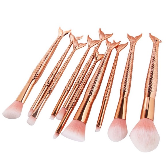 10 Piece Set Makeup Brushes Rose Gold Mermaid Tail - Picture 4 of 8