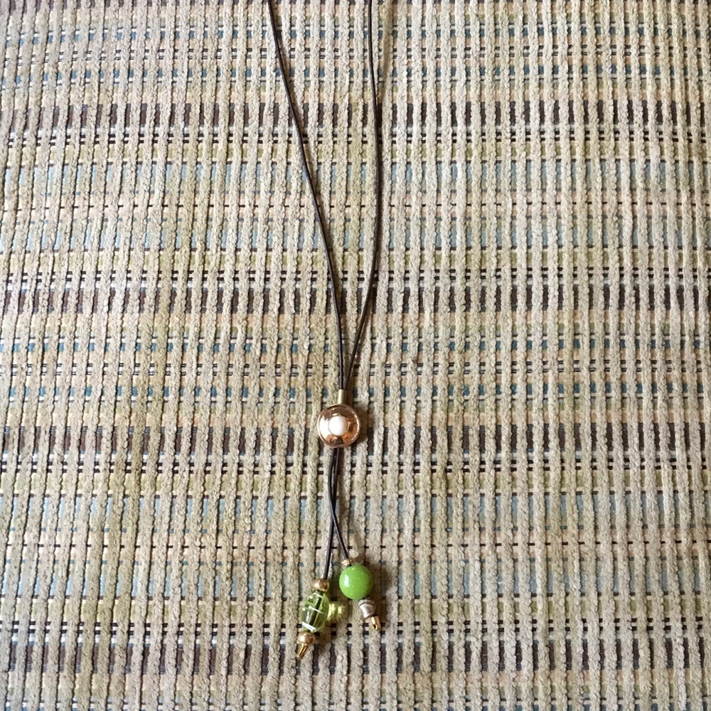 Brown leather w pearl and green glass beads