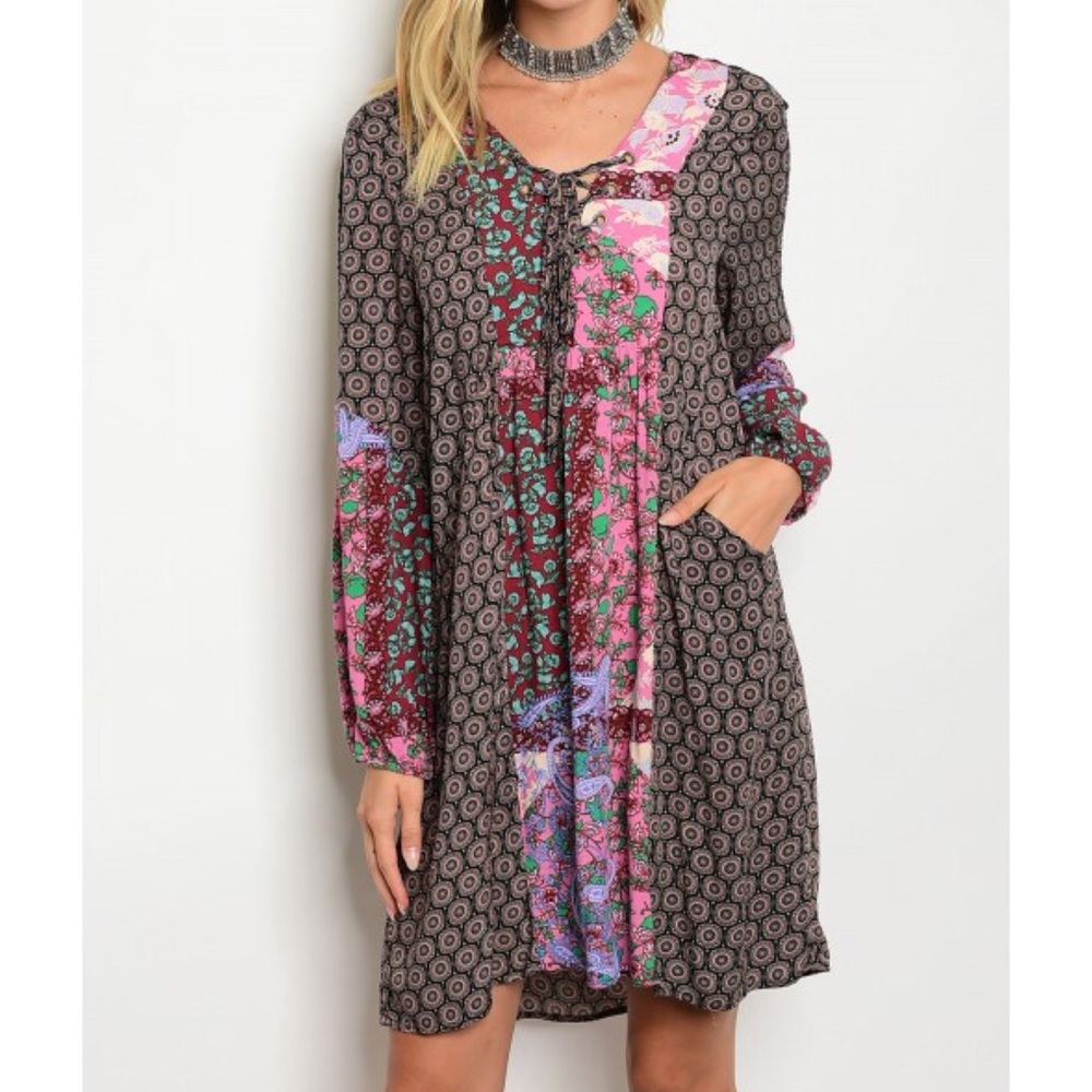 Vintage Print Patch Work Tunic Dress