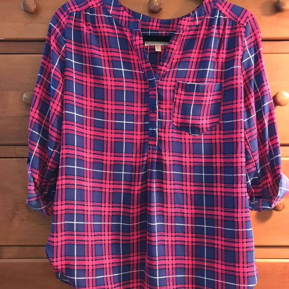Skies Are Blue Plaid Henley Blouse