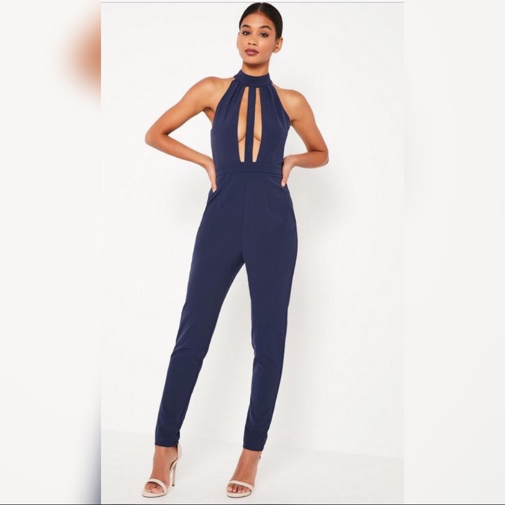 Blue Front Strap Plunge Sleeveless Jumpsuit