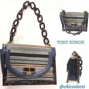 TORY BURCH NAVY NEEDLEPOINT RESIN FRAME TOP BAG