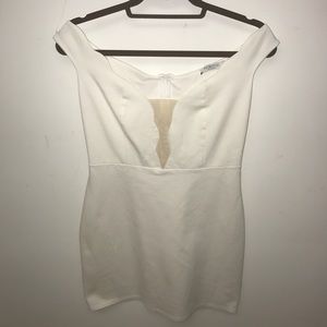 Off the shoulder white and cream cocktail dress