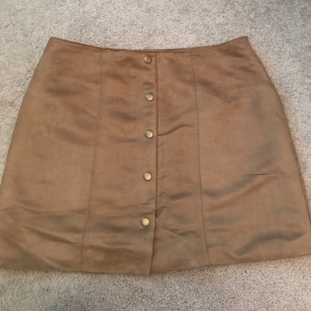 Tan faux suede mini skirt with gold button detail