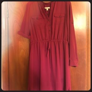Long sleeve, tie waist maroon dress