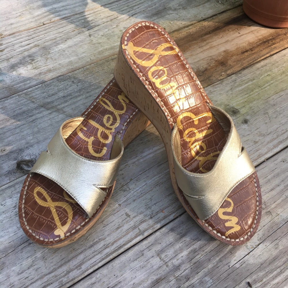SAM EDELMAN Gold leather upper cork heel wedges