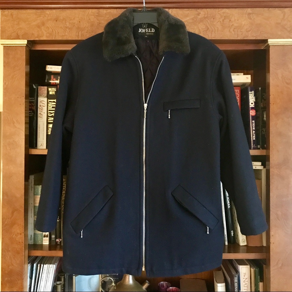 JOFELD DK BLUE LINED WOOL COAT W FAUX FUR COLLAR L