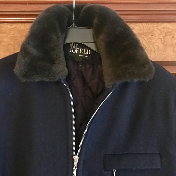 JOFELD DK BLUE LINED WOOL COAT W FAUX FUR COLLAR L - Picture 2 of 8
