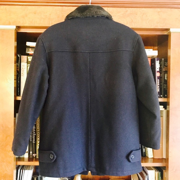 JOFELD DK BLUE LINED WOOL COAT W FAUX FUR COLLAR L - Picture 3 of 8