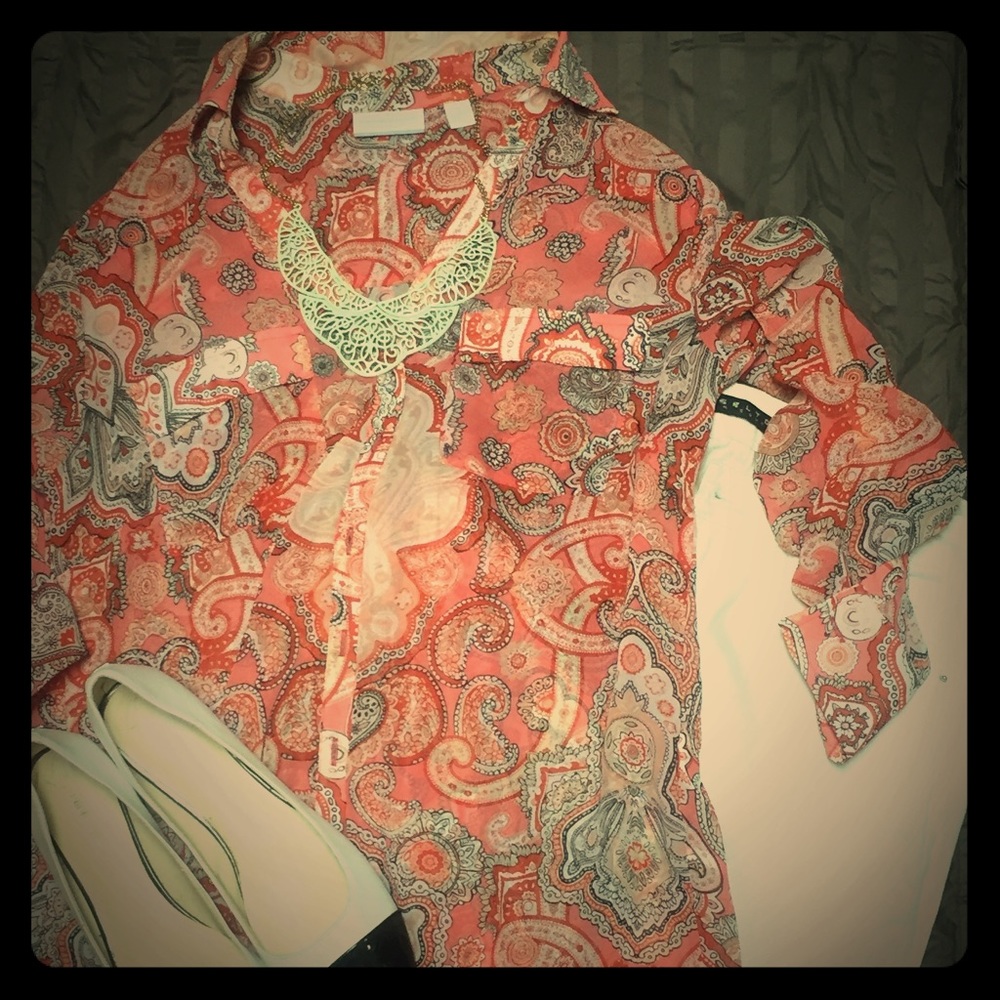 Coral paisley print blouse.