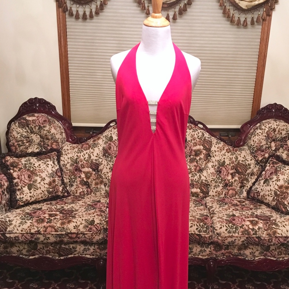 Hot Pink Rhinestone Embellished Evening Dress