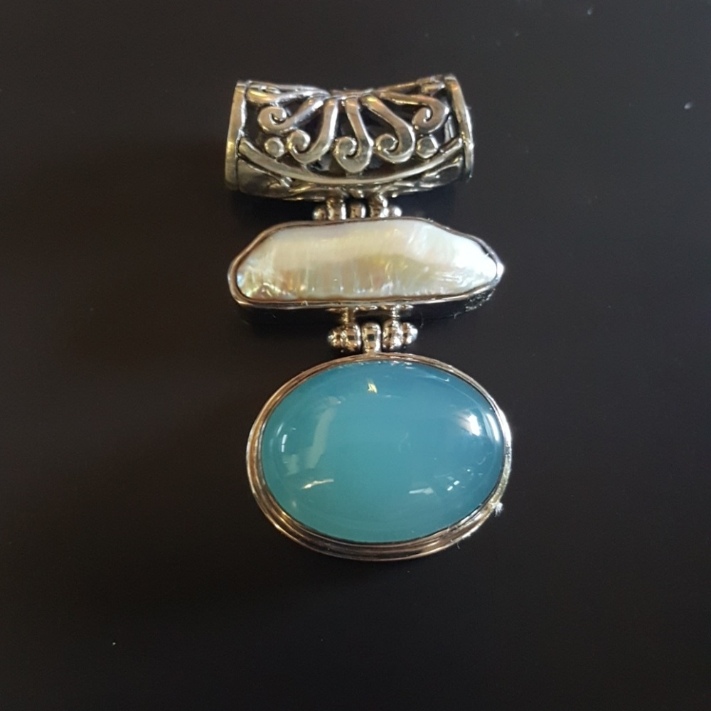 Silver Pearl & Blue gem Pendant