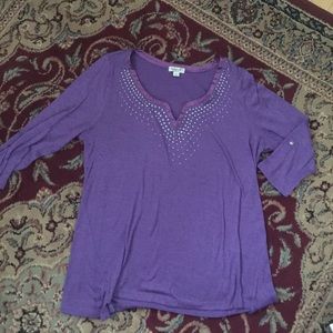 Purple One World blouse with satin trim. 2x