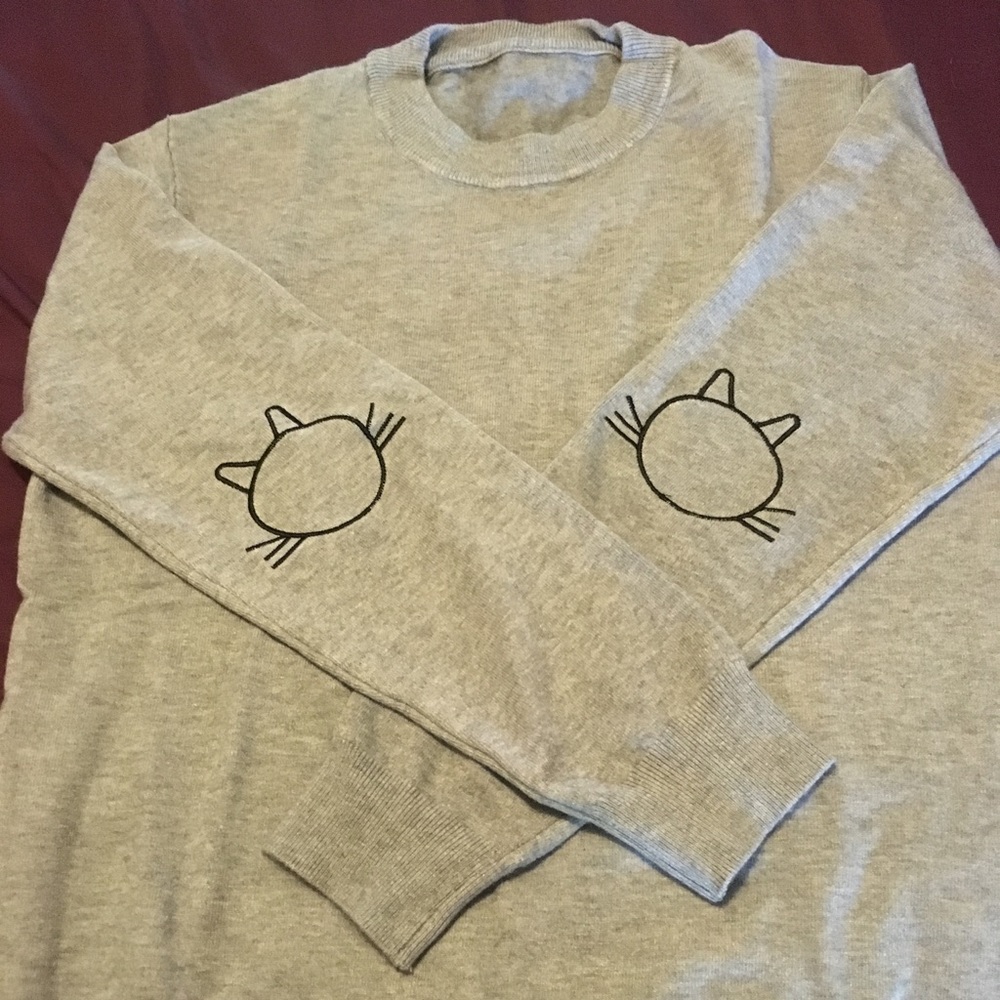 Grey Embroidered Cat Elbow Sweater