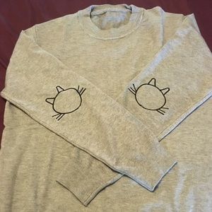 Grey Embroidered Cat Elbow Sweater