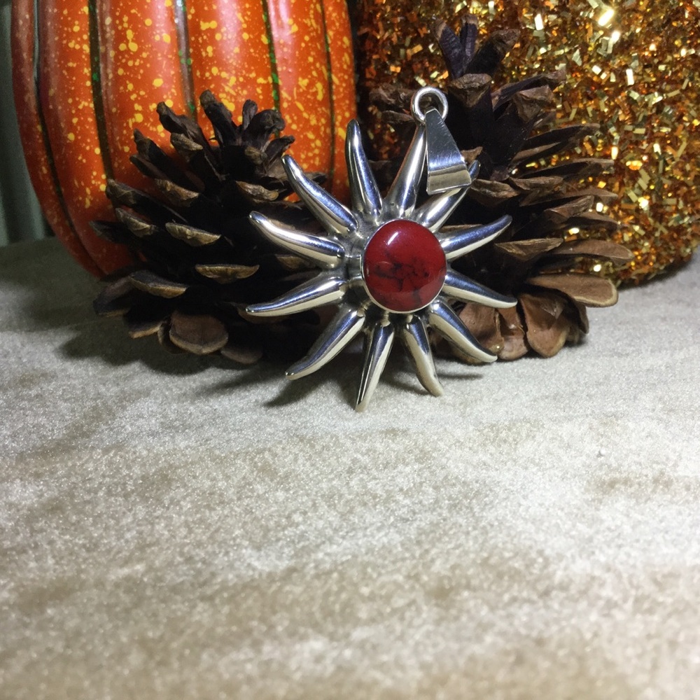 Red Jasper/ Silver sunburst Pendant (hold)