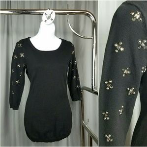 Black 3/4 Sleeve Embellished Lightwieght Sweater