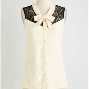 ModCloth Cream and Black Lace Tie top
