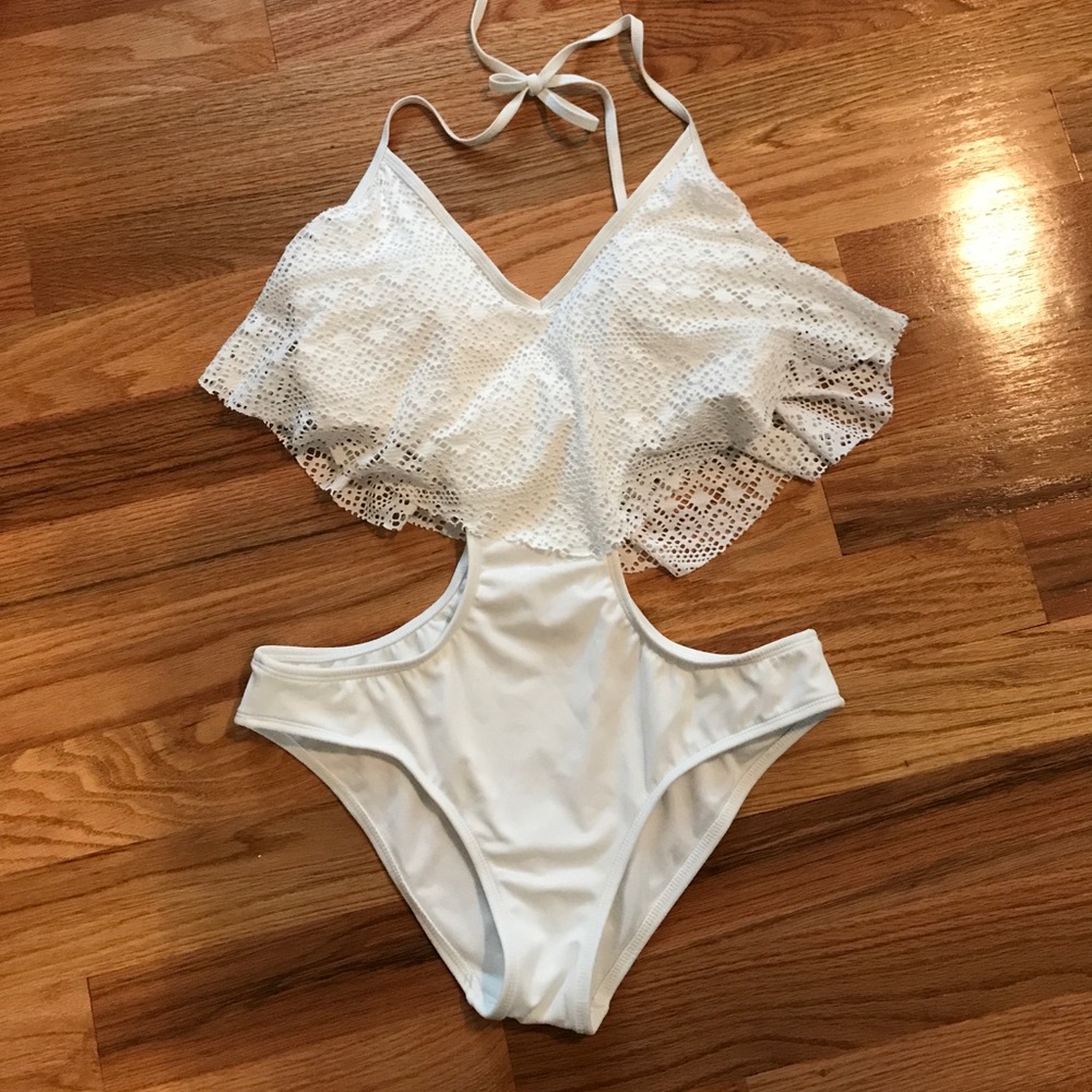 New white lace cut out swimsuit