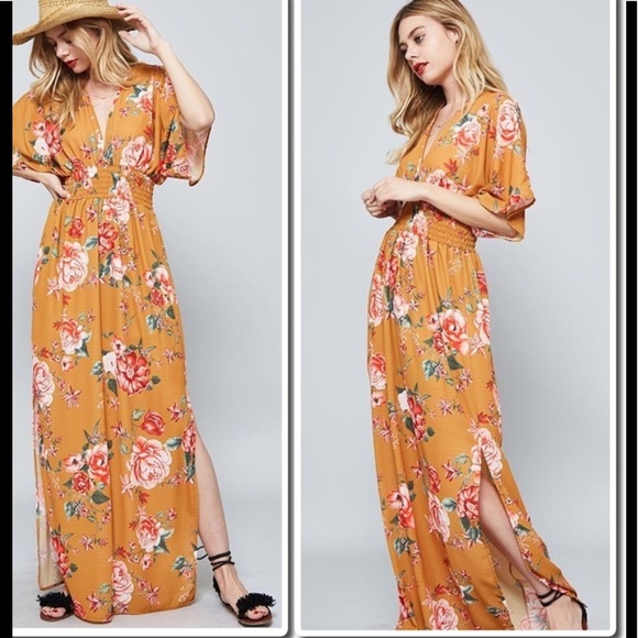 Flower Print Maxi Dress w/Kimono Sleeves - Picture 2 of 8