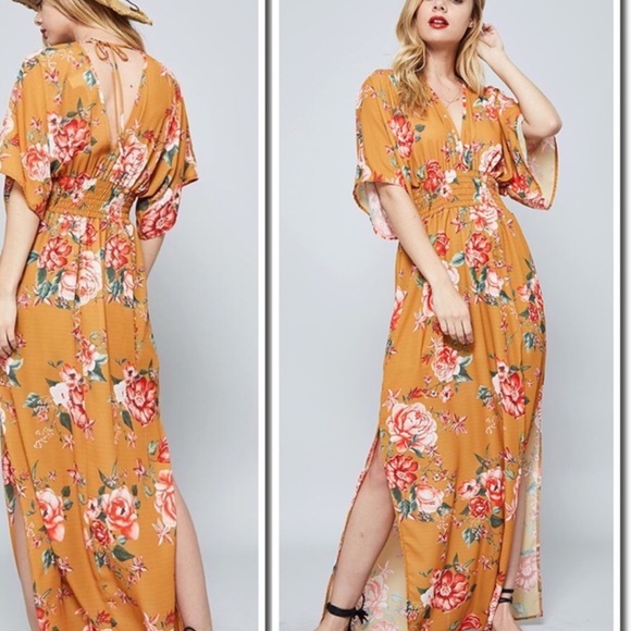 Flower Print Maxi Dress w/Kimono Sleeves - Picture 3 of 8