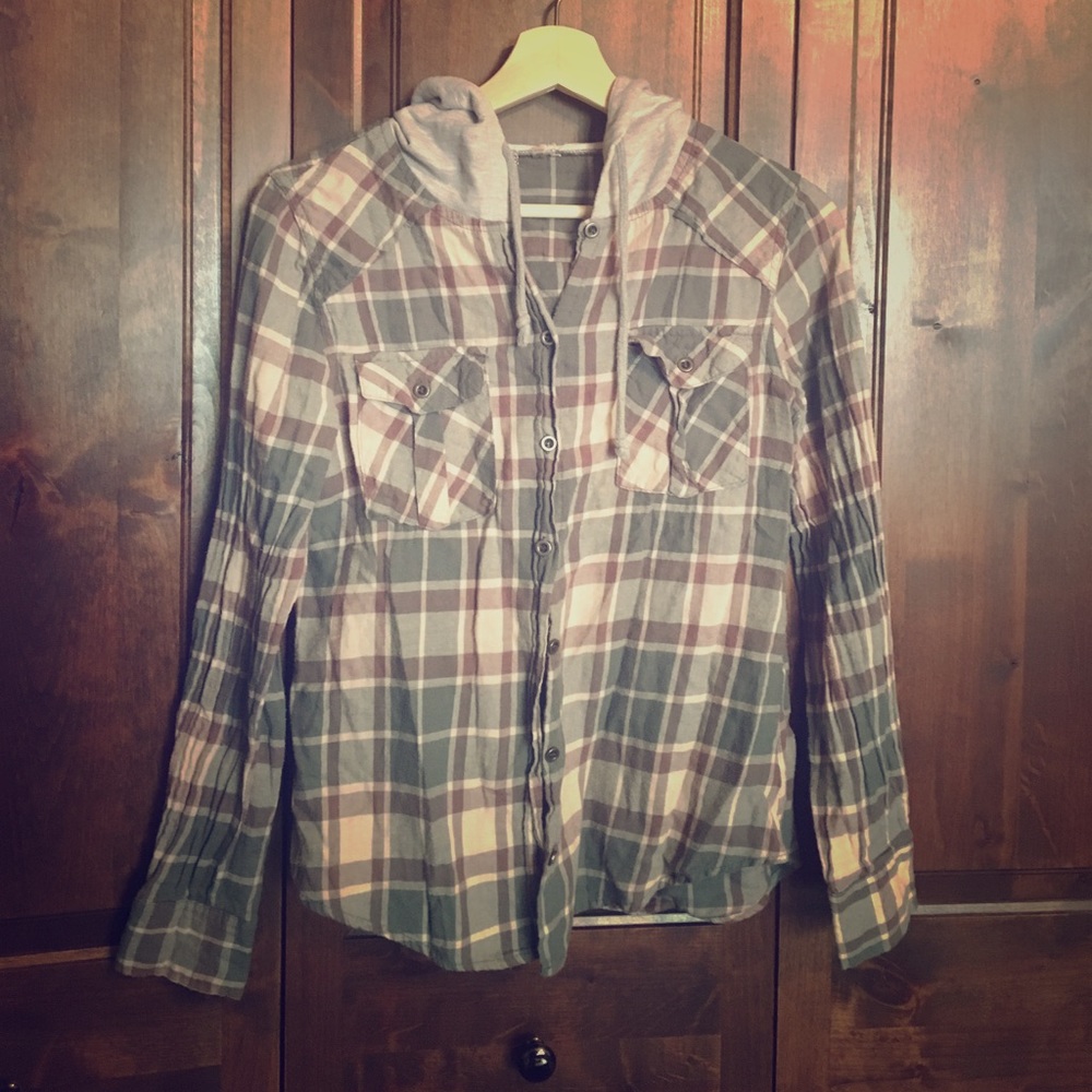 Flannel with grey hoodie hood