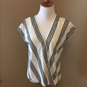 Ann Taylor Black White Stripe Faux Wrap Top Blouse