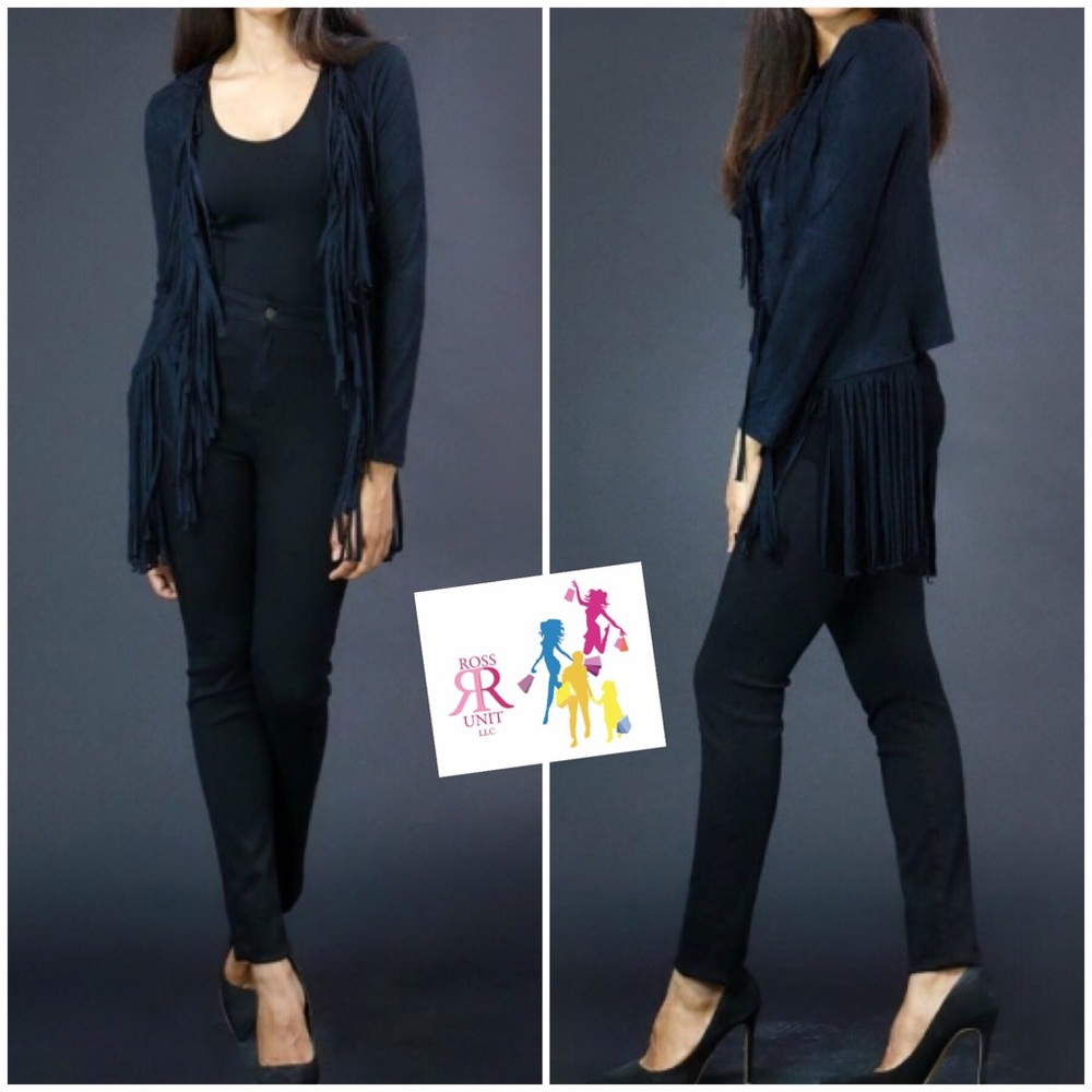 Black - Faux Suede Fringe Jacket
