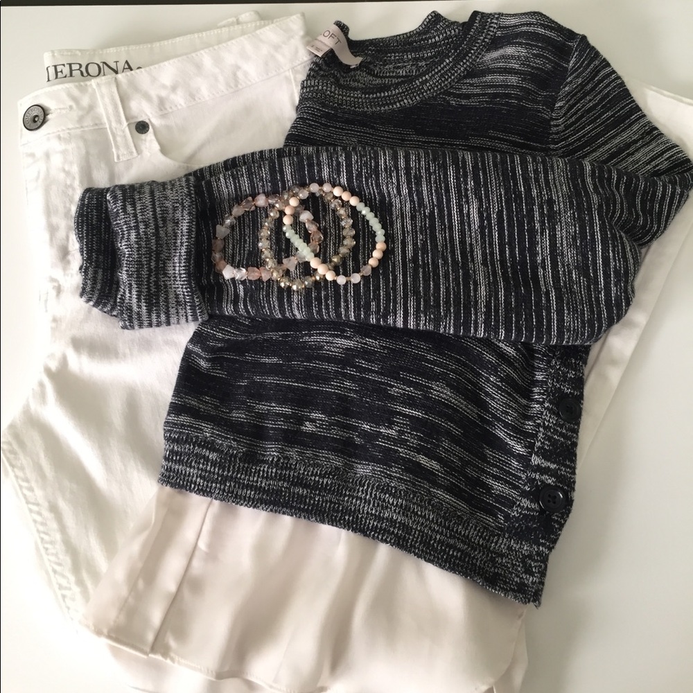 Navy & White sweater w/silk shirt & button details