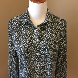 Loft Nay & White Leave Print Button Up Blouse