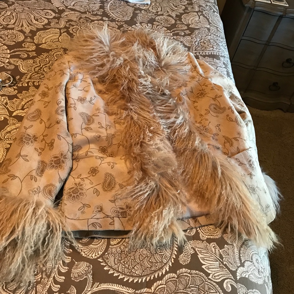 Small leather paisley coat with angora trim