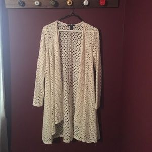 Cream lace-knit long cardigan
