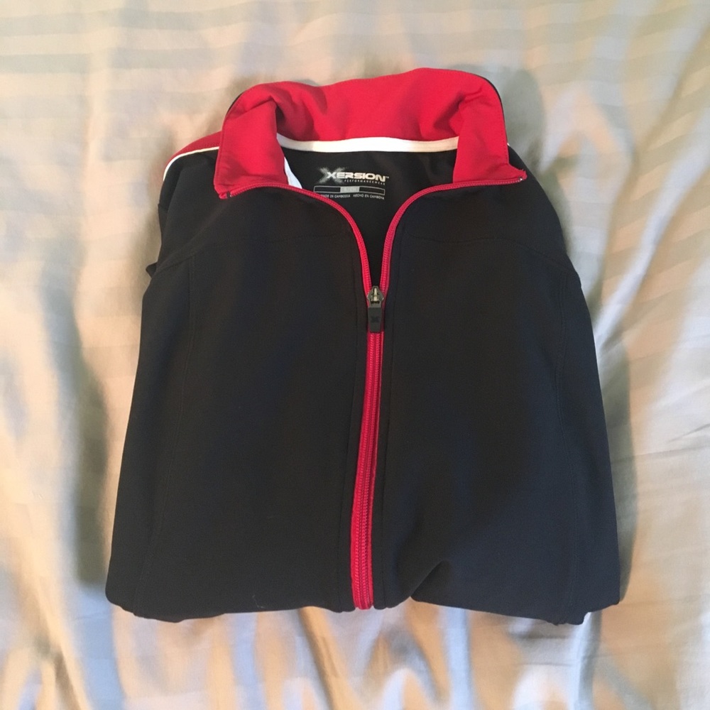 Black with red and white striped jacket