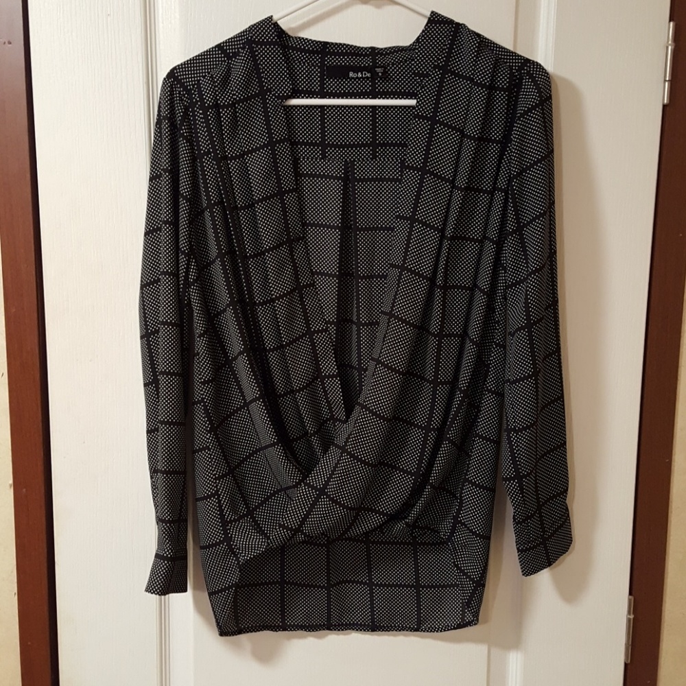 Ro & De Black and White Faux Wrap Blouse