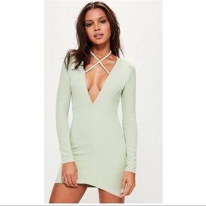 green tie neck plunge long sleeve bodycon dress