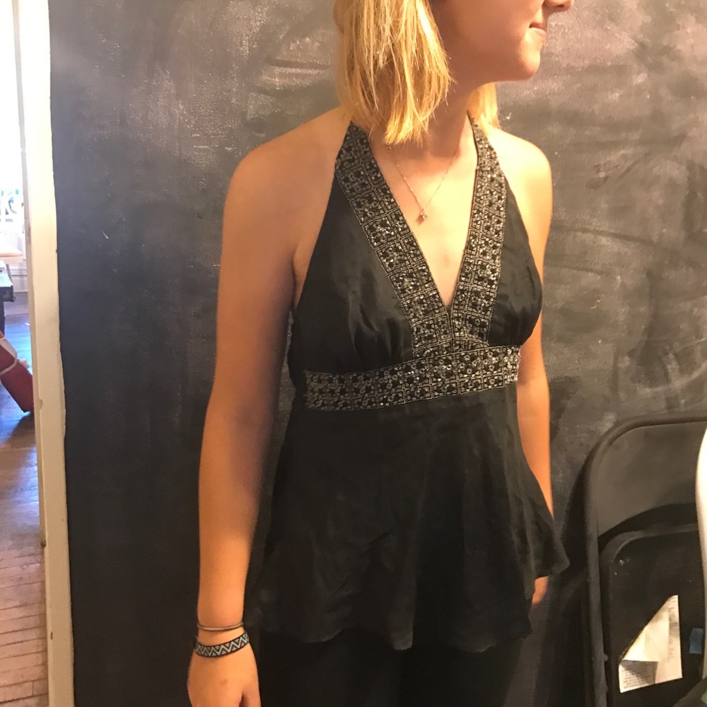 Black silk beaded halter top