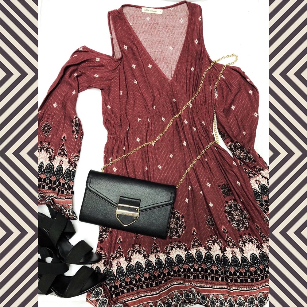 Tribal print open shoulder bell sleeve dress