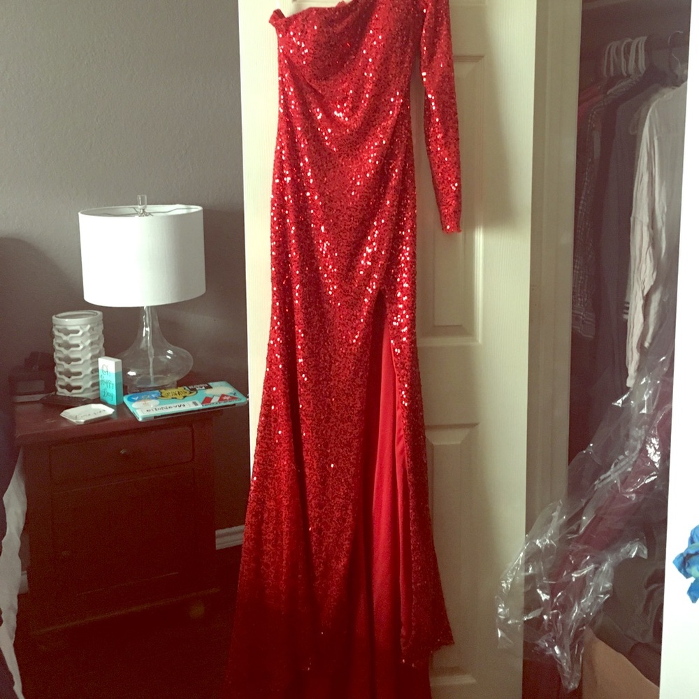 Red long prom dress.
