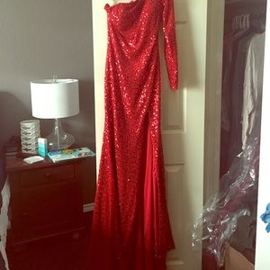 Red long prom dress.
