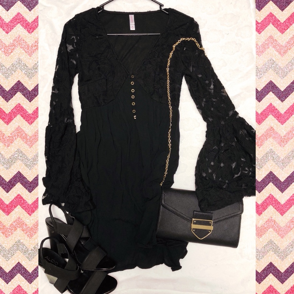 Bell sleeved lace detail black dress