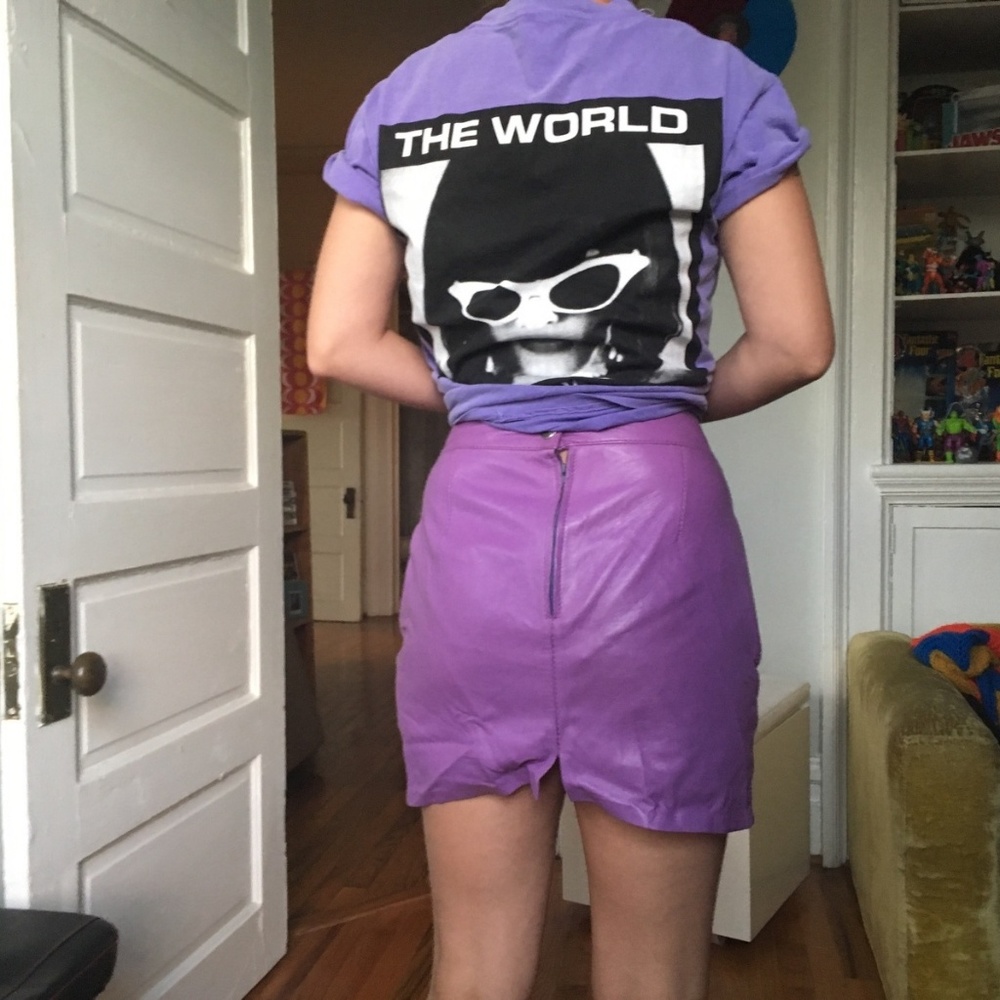 lavender leather high waisted moto skirt