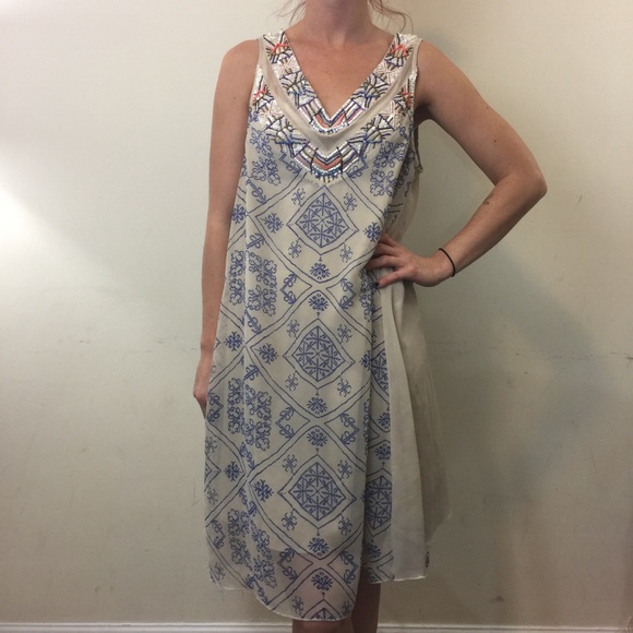 Free People Dresses & Skirts - Free People Cream Printed Beaded Sleeveless Dress