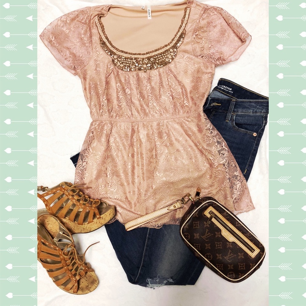 Blush top with lace and beaded detail