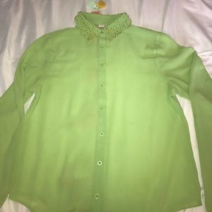 Lime Green Beaded Collar Forever 21 Button Up