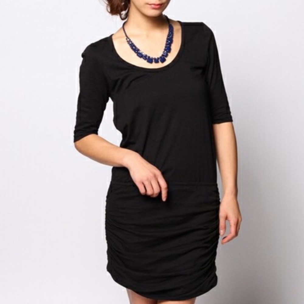 Bobi Black Ruched Long Sleeve Mini Dress Medium