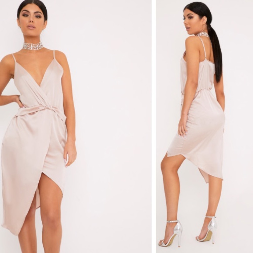 Kala Champagne Satin Twist Front Midi Dress