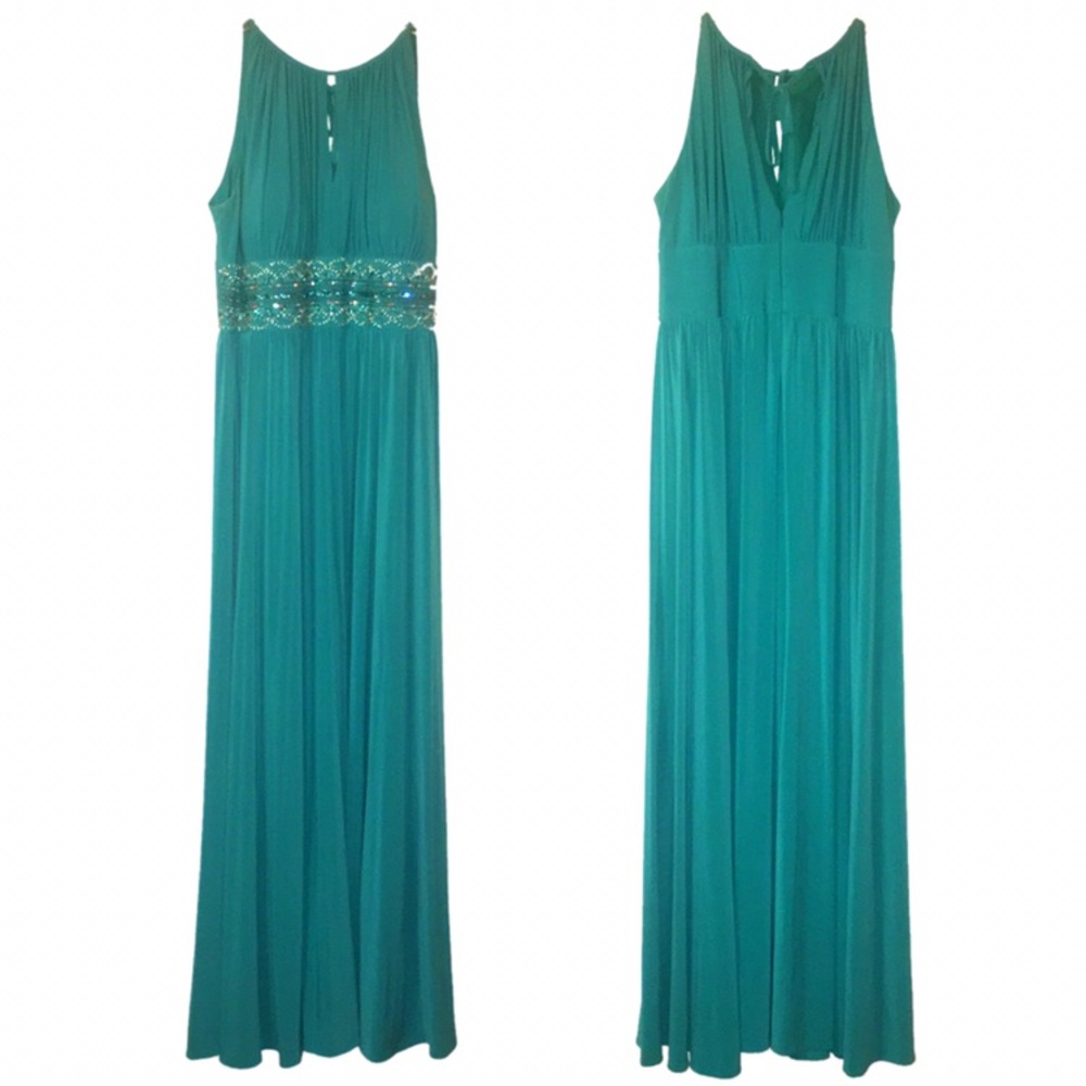 Long prom bedazzled turquoise dress